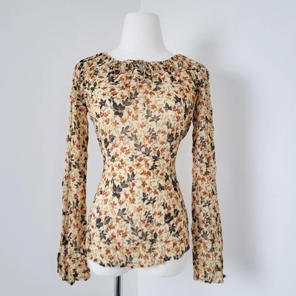 Y2K Long Sleeve Sheer Floral Blouse Size XS Tan Milkmaid - Picture 2 of 13
